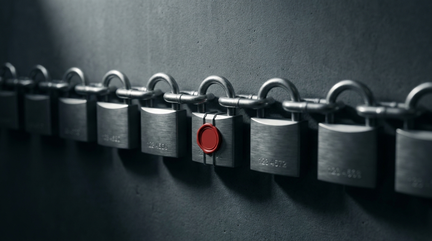 A row of identical steel padlocks chained together, one sealed with red wax — illustrating cryptographically chained records where any tampering is immediately detectable.