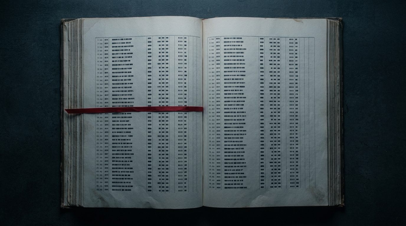 An archival ledger opened to two facing pages of sequentially numbered entries with one entry marked by a red ribbon — illustrating durable, ordered, replayable execution history.