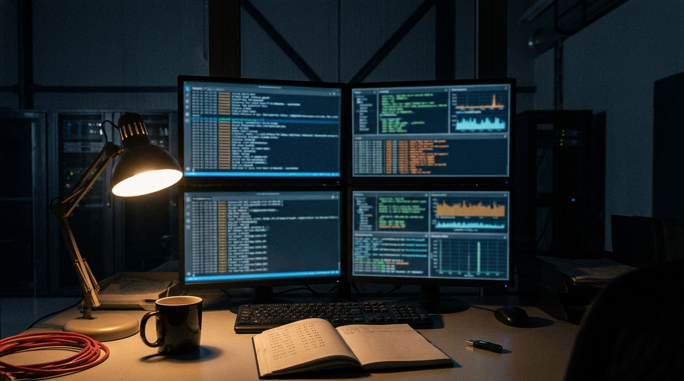 Four monitors showing different log streams in a dark NOC — illustrating the forensic effort of reconstructing what happened from logs scattered across systems.